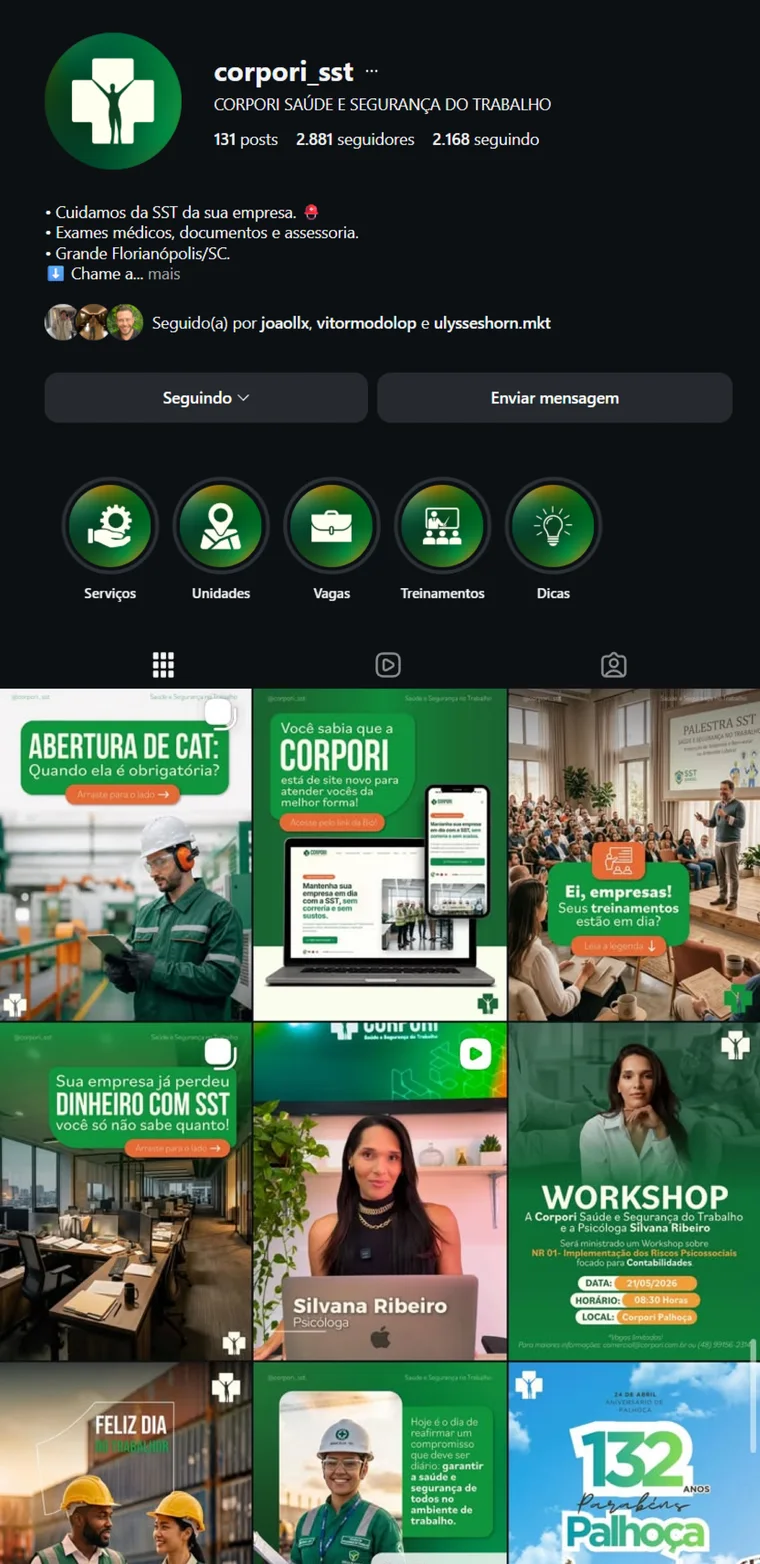 Perfil atual do Instagram da Corpori, com feed organizado e identidade visual consistente