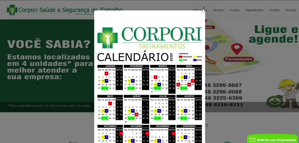 Site antigo da Corpori, com pop-up de calendário sobre a página inicial